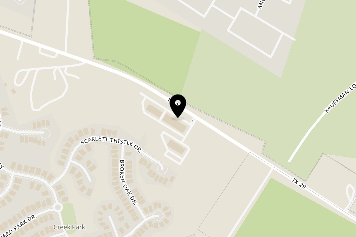 Map showing the location of Munch Munch Waffles & More on 9073 West State Highway 29 in Liberty Hill
